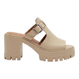 Aliss Shoes beige leather platform mules with buckle detail and chunky lug sole.