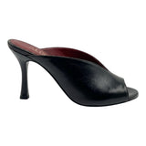 Aliss Shoes black leather peep-toe mules with an 8cm heel, perfect for office or casual wear.
